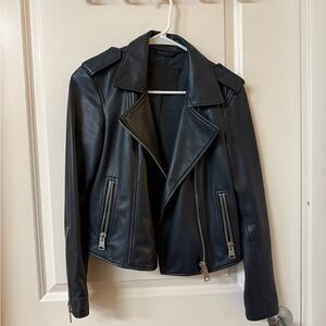 All Saints Dark Navy Leather Biker Jacket Slim Fit